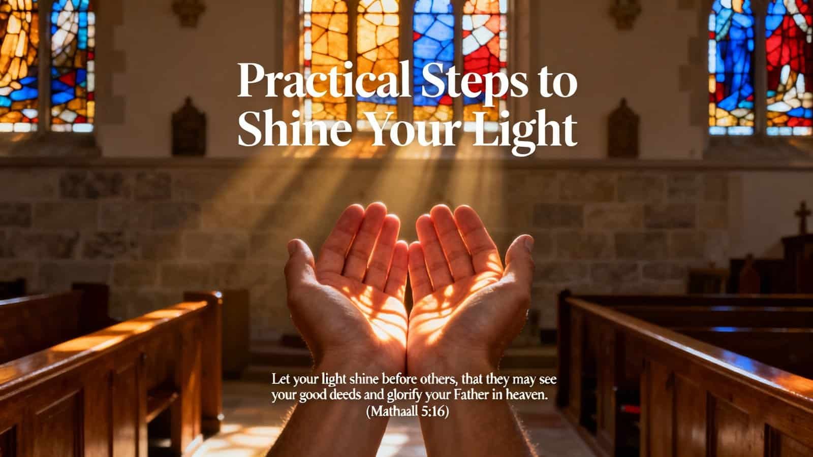 Open hands in a church with colorful stained glass windows, symbolizing spiritual light and faith.
