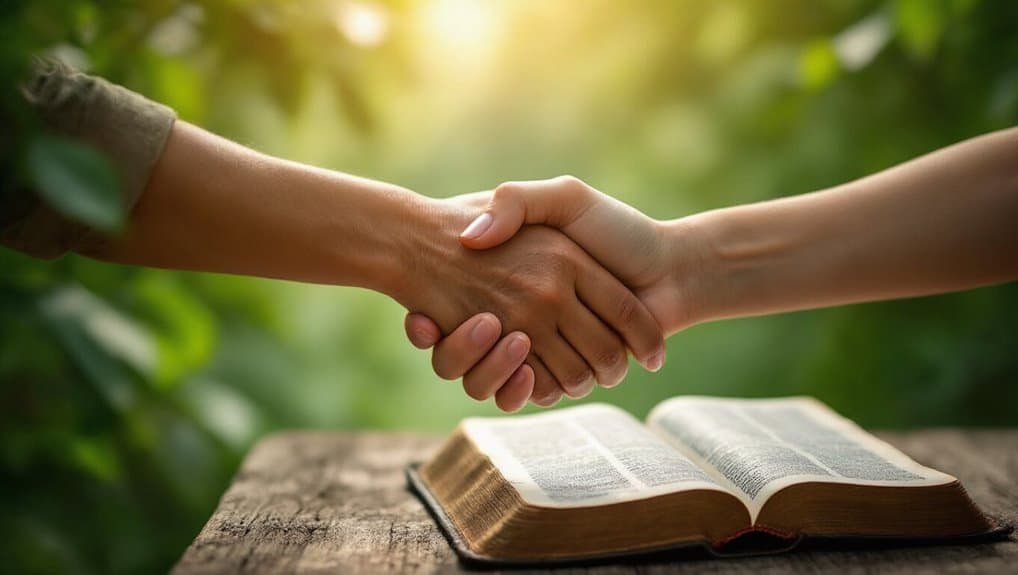 Hand shakings over an open Bible on a wooden table with green foliage background, emphasizing faith, scripture, and spiritual connection.