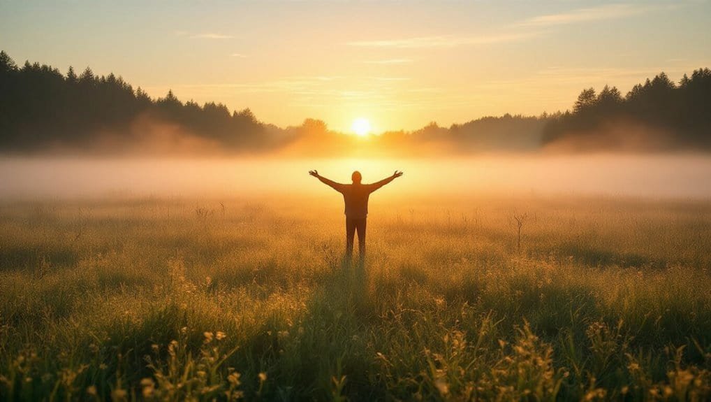 Embrace the Promise of Joy: Bible Verse on Joy Comes in the Morning My Bible Song 2026 Hopeful sunrise over misty field with person raising arms in worship, symbolizing faith and spiritual renewal, perfect for Christian praise and worship music.