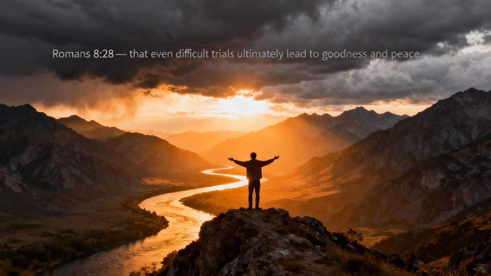 Hope and faith in God's promises, inspiring Christian worship and Bible-based encouragement, depicted with a person celebrating faith at sunset over mountain landscape.