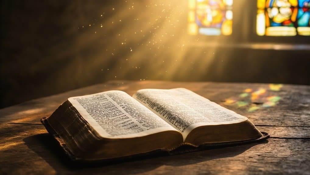 Ancient open Bible with sunlight shining through stained glass windows, highlighting scripture on a rustic wood table, creating a serene and spiritual atmosphere.