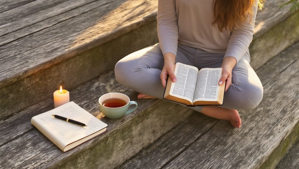 Peaceful woman reading the Bible outdoors, with a candle, tea, and journal on wooden steps, promoting spiritual reflection and Bible study for Christian faith growth.