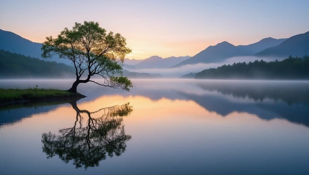 Serene lake landscape with a solitary tree reflecting in still water, misty mountains in the background, capturing tranquility and natural beauty perfect for inspiring Bible song themes.