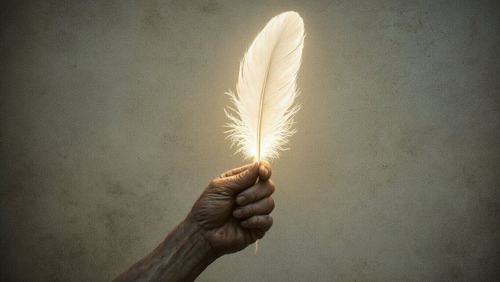 Soft feather illuminated by light held in a weathered hand, symbolizing faith and spirituality, ideal for Christian music and Bible song themes.