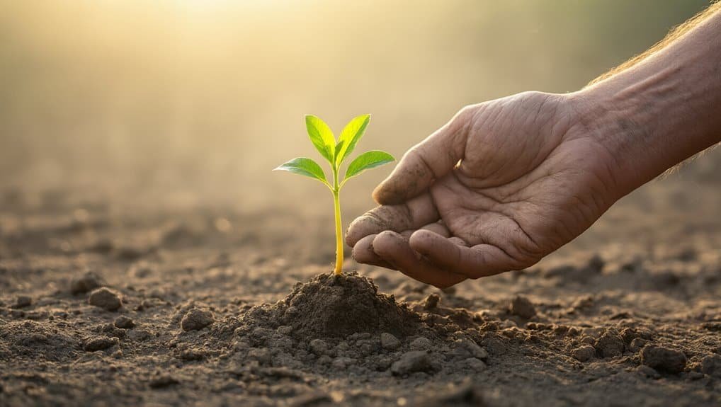 Tiny green seedling growing in soil with a person's hand nurturing it, symbolizing growth and faith in God, representing Christian spiritual growth through My Bible Song.