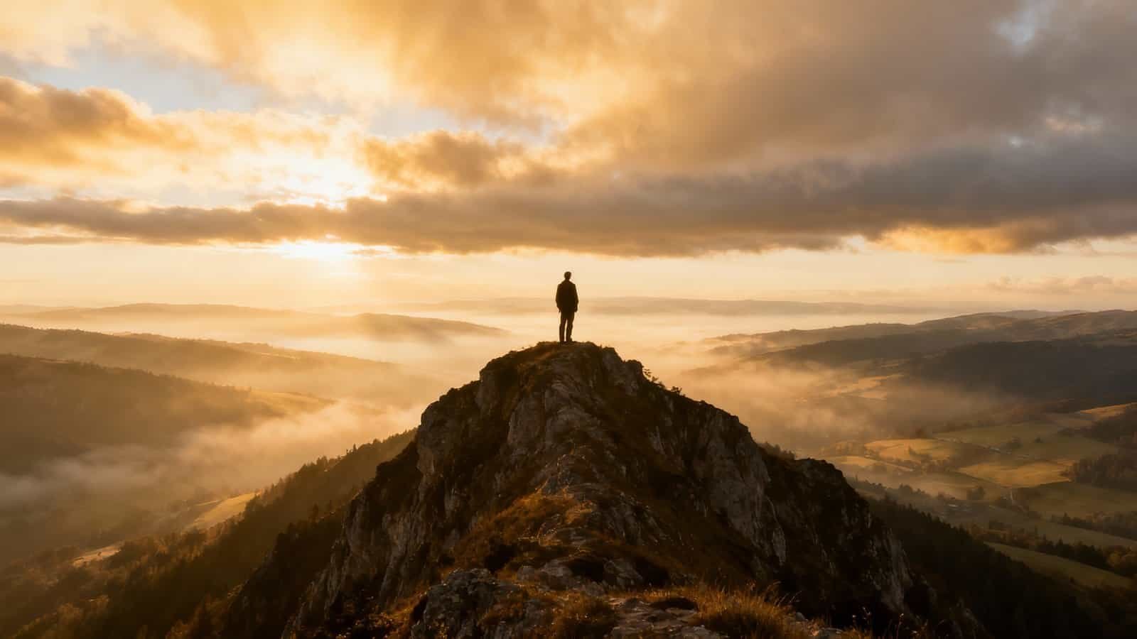 Serene mountain landscape at sunrise with a person standing on a rocky peak, overlooking rolling hills and cloudy sky. Perfect for inspirational Bible songs, faith, hope, and spiritual reflection themes.