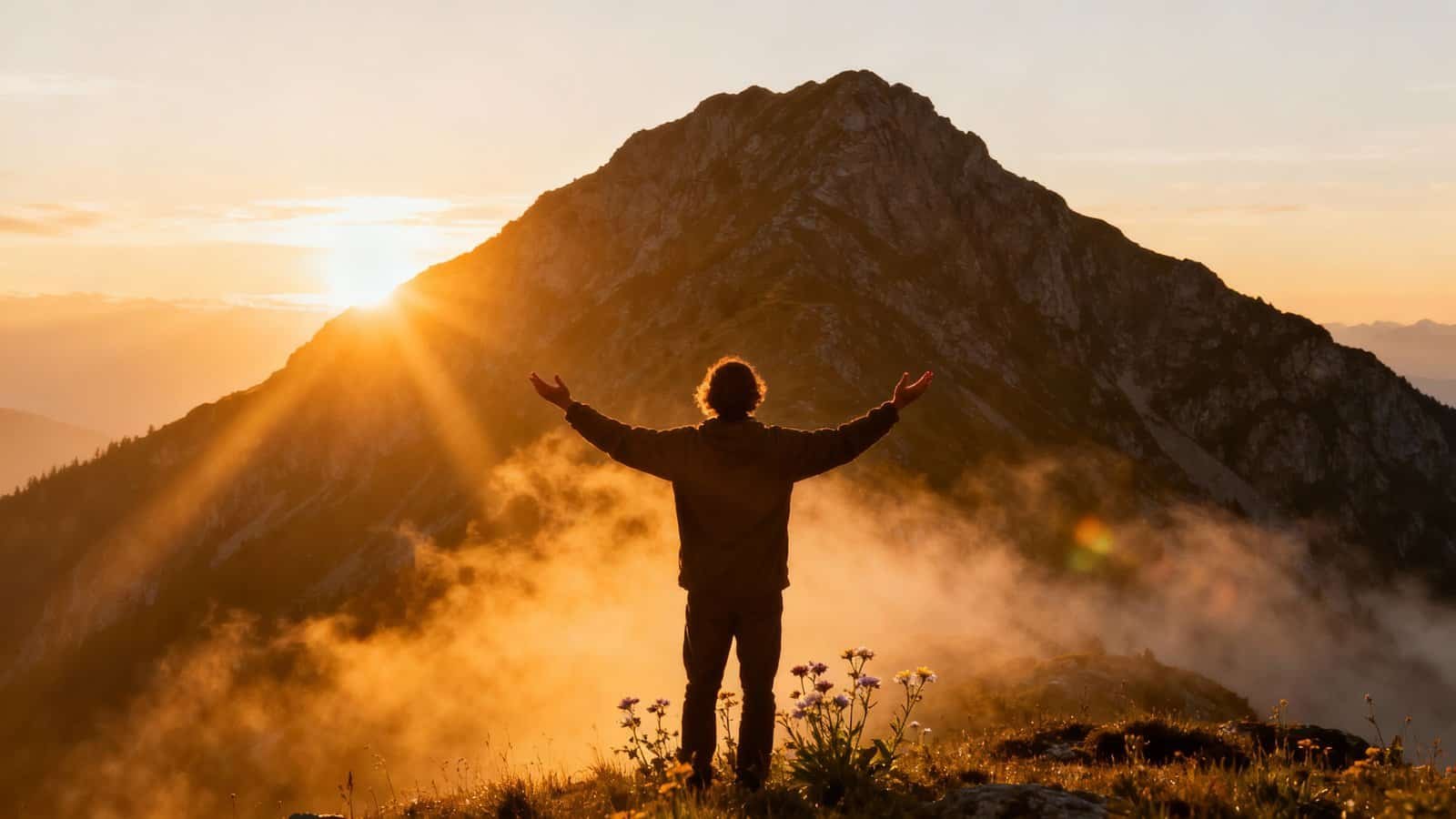 Majestic mountain sunrise with a person praising and worshipping God in nature, symbolizing faith, spirituality, and connection to divine during sunrise.
