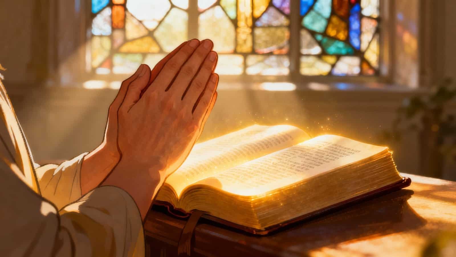 Heavenly prayer with open Bible and stained glass window, emphasizing faith, devotion, and biblical teachings for Christian worship.