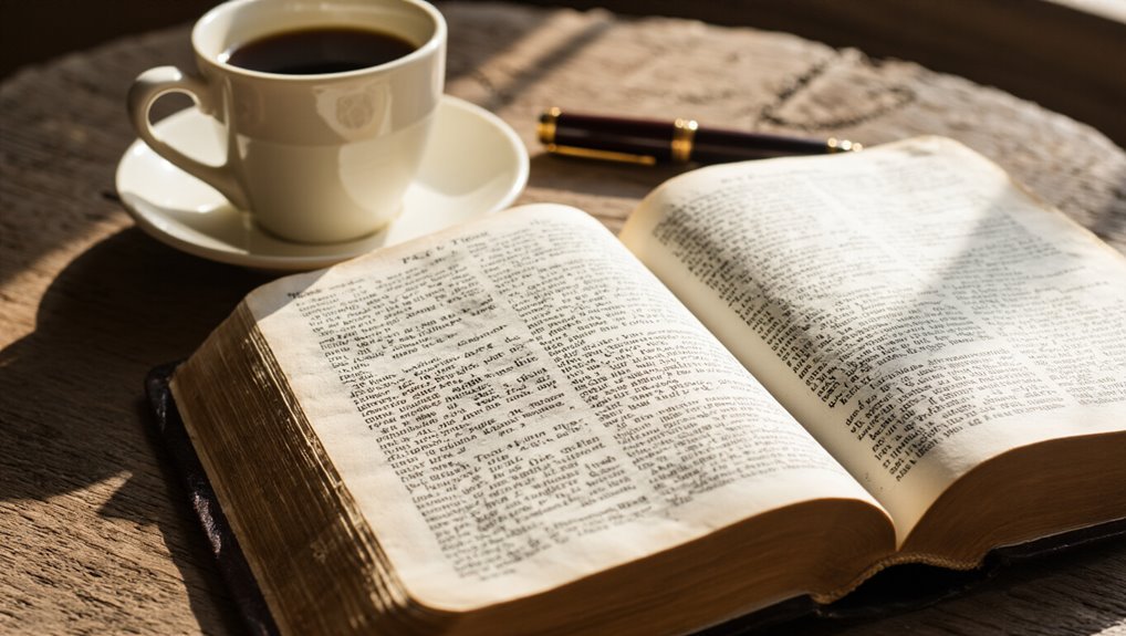 Finding Bible Verses on Perseverance for Daily Inspiration My Bible Song 2026 Peaceful Bible reading scene with open Holy Bible, cup of coffee, and pen on wooden table - perfect for spiritual reflection and Christian worship.