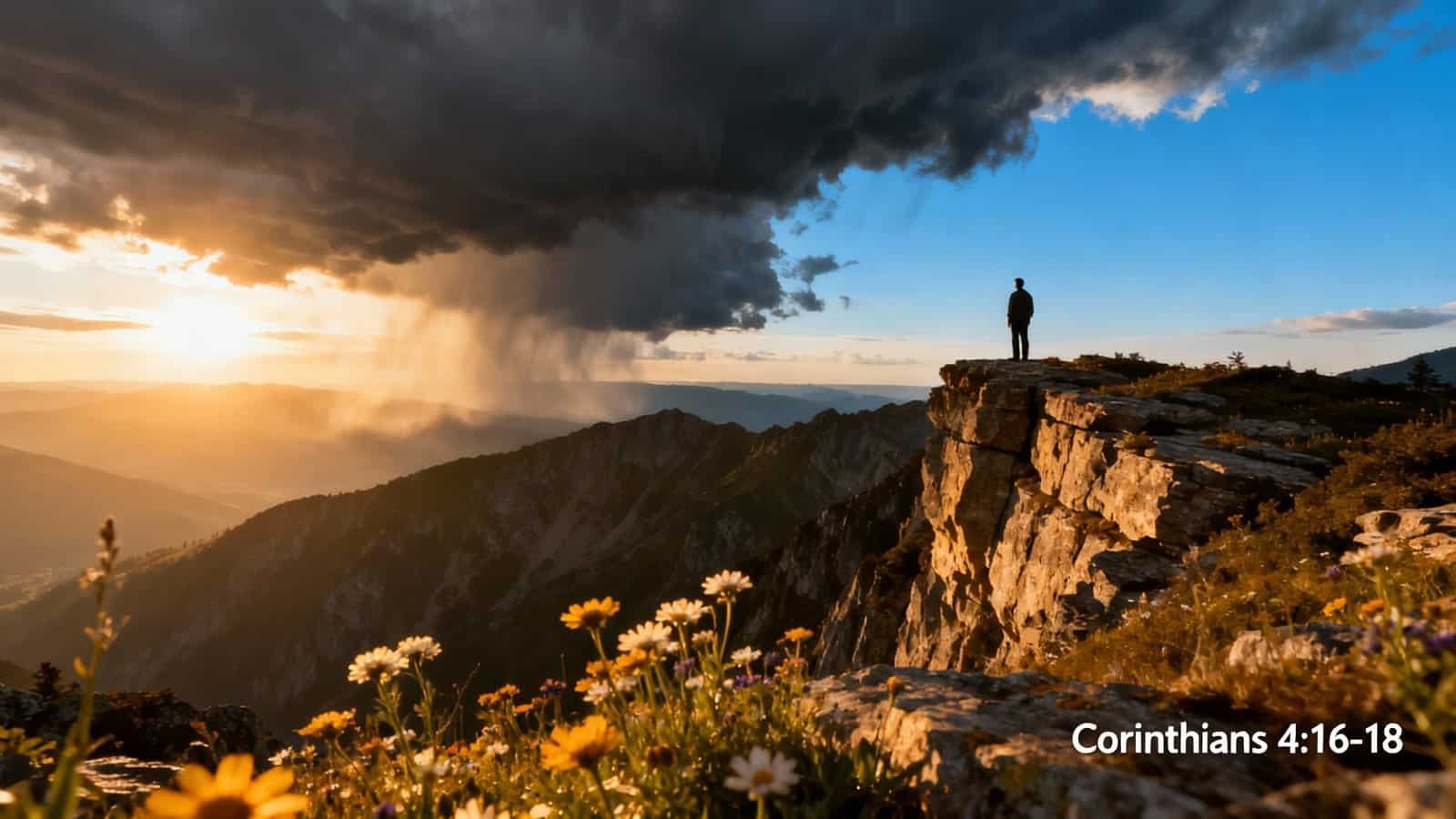 A person standing on a rocky cliff overlooking mountains at sunset with dark storm clouds and rain in the distance, illustrating faith and hope amidst stormy times.