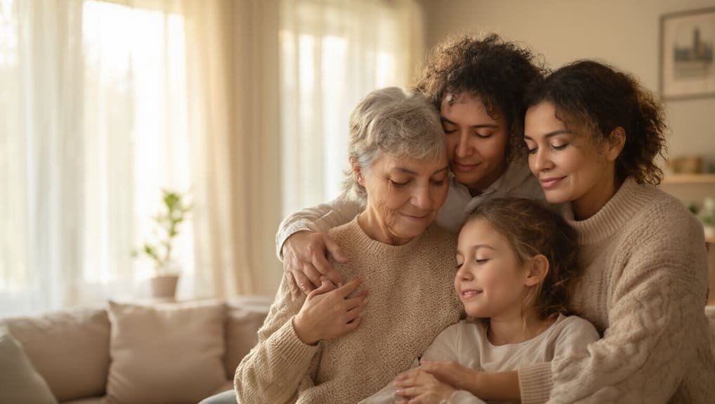 A warm family embrace showing love, faith, and togetherness, perfect for promoting Christian music and Bible-inspired songs for all ages.