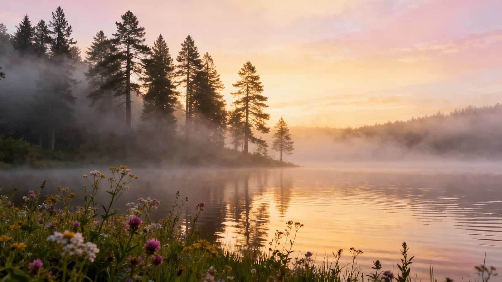 Tranquil lake scene with misty waters, evergreen trees, colorful wildflowers, and a vibrant sunrise, perfect for inspiring worship and spiritual reflection related to My Bible Song.