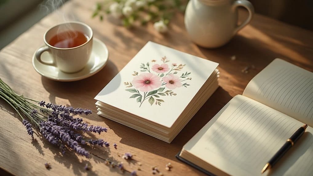 Beautiful floral scrapbook, open journal, and cup of tea on wooden table with lavender flowers, ideal for inspiring Christian songs and Bible verses.