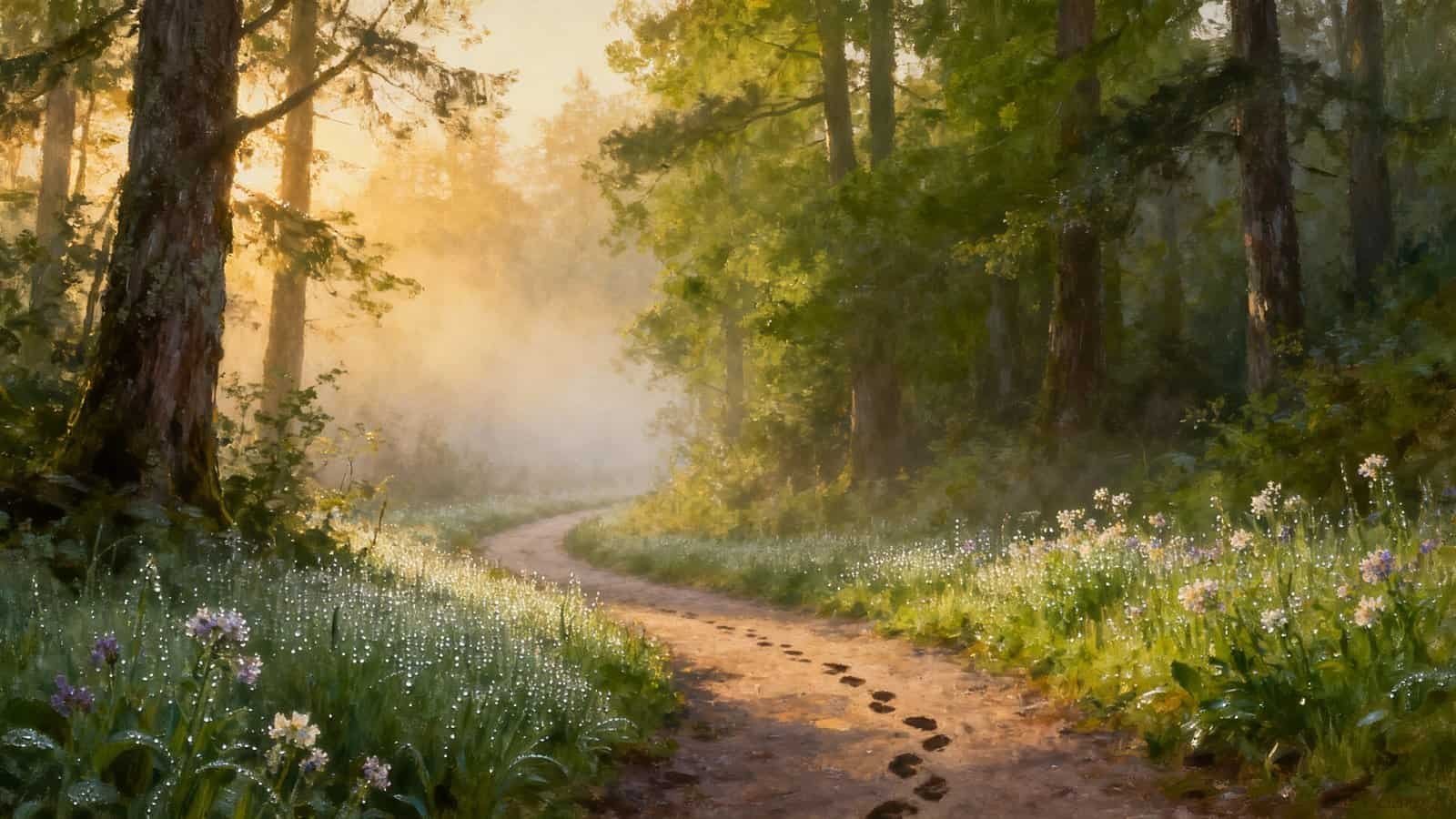 Footsteps on a serene forest trail during sunrise, surrounded by lush green trees and blooming wildflowers, creating a peaceful outdoor scene.