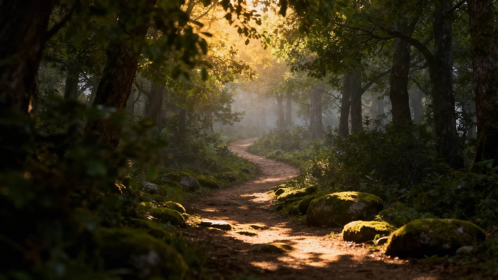 Gentle forest path at sunrise, representing spiritual journey and faith exploration through My Bible Song. Perfect for inspiring religious and Christian music themes.