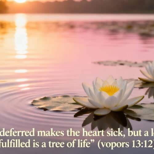 White water lilies blooming on a serene lake during sunset with pink and orange hues, reflecting the peaceful, spiritual atmosphere from My Bible Song, emphasizing hope and faith.