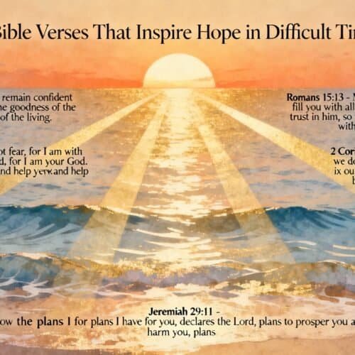 Inspirational Bible verses about hope and faith during difficult times with sunset over ocean background.