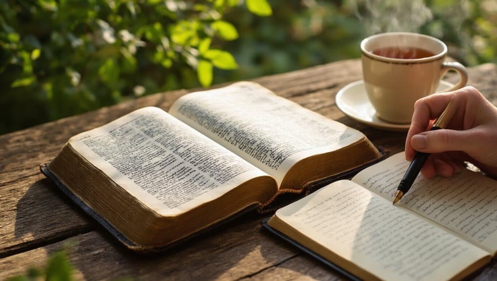 Bible open on a wooden table with handwritten notes, a cup of tea, and a person writing in a journal, outdoors, representing devotional and Bible study activities.