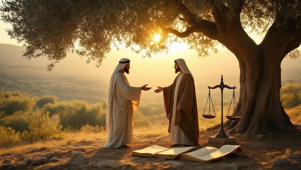 A serene image of two men dressed in traditional Middle Eastern attire exchanging a handshake under a large tree during sunset, with open Bibles and a scale symbolizing justice nearby, evoking biblical themes and spiritual reflection.