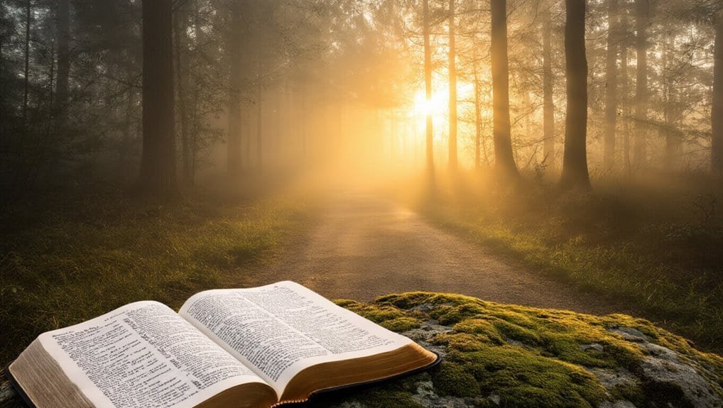Open Bible laid on mossy ground in forest with sunlight streaming through trees, representing faith, spiritual growth, and Bible-based worship for Christian song and devotional content.
