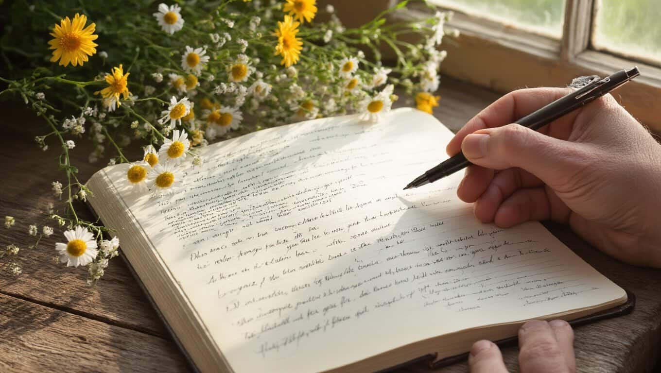 Handwriting from a journal with a bouquet of daisies and chamomile flowers nearby, on a rustic wooden surface, with sunlight streaming through a window, capturing the essence of faith-based reflection and spiritual inspiration.