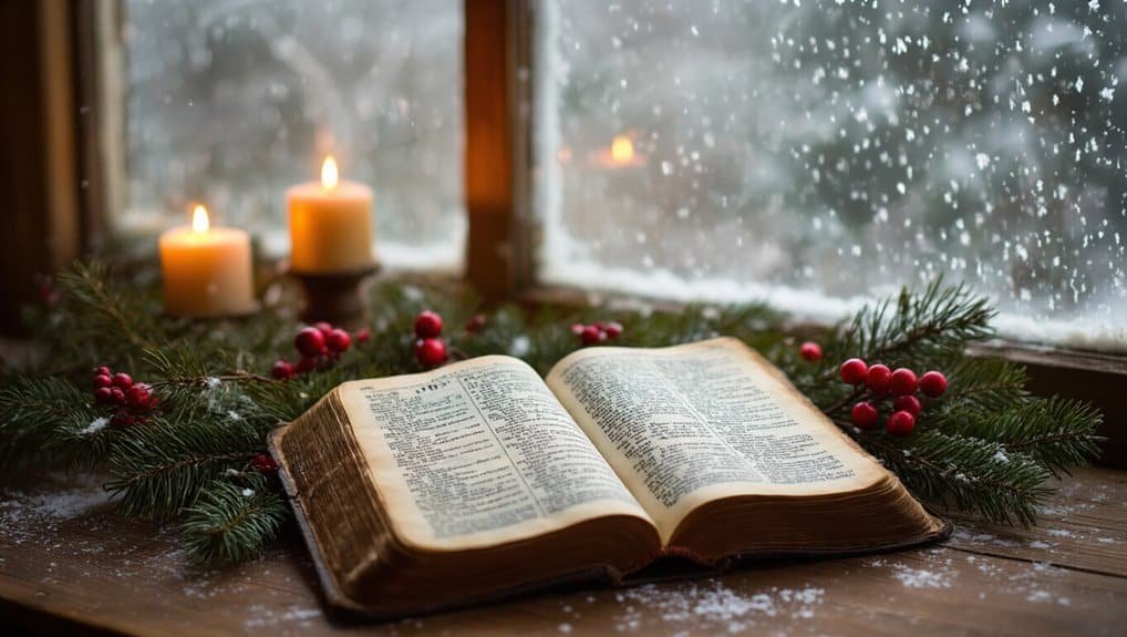 25 Christmas Bible Verses to Read This Season My Bible Song 2026 Bible open on rustic wooden table with pine branches and red berries, lit candles, and snowy window background, emphasizing Christmas and Bible-based holiday celebration.