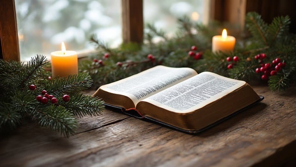 25 Christmas Bible Verses to Read This Season My Bible Song 2026 Open Bible on rustic wooden table surrounded by Christmas greenery and candles, representing faith, worship, and holiday spiritual reflection.