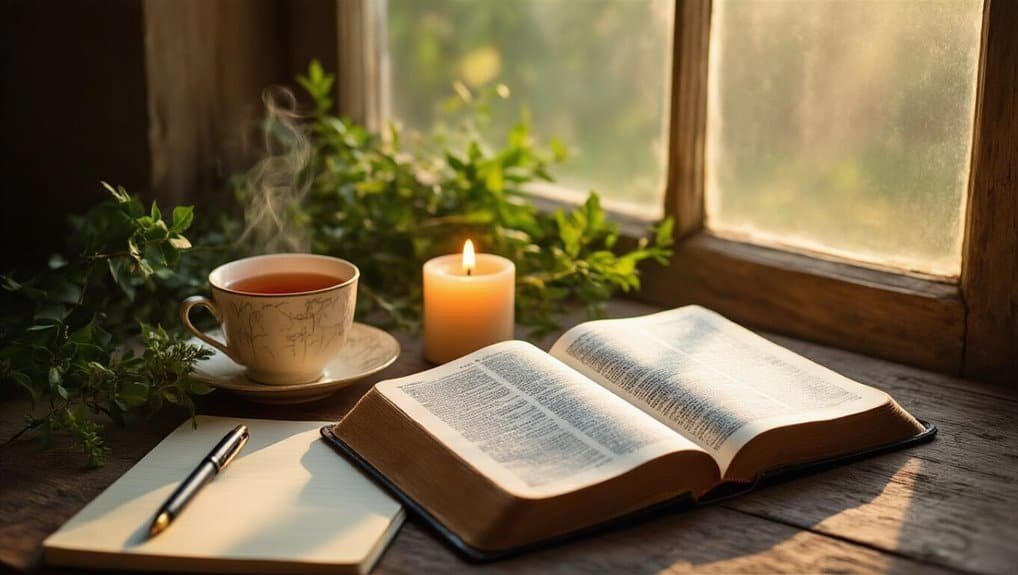 Bible study, devotion, Christian faith, prayer, spiritual growth, religious worship, faith reflection, Bible reading, peaceful prayer corner, inspirational Bible verse.