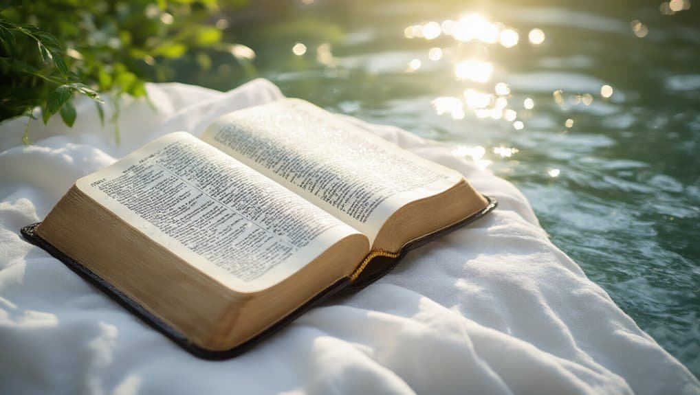 Open Bible on white cloth by water, representing faith and spirituality.