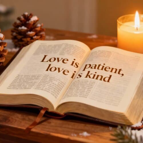 Peaceful open Bible on wooden table with pinecones, candle, and Christmas decorations, highlighting love and patience, perfect for Christian worship, prayer, and holiday spirituality.