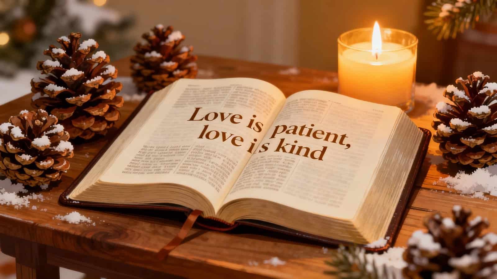 Peaceful open Bible on wooden table with pinecones, candle, and Christmas decorations, highlighting love and patience, perfect for Christian worship, prayer, and holiday spirituality.