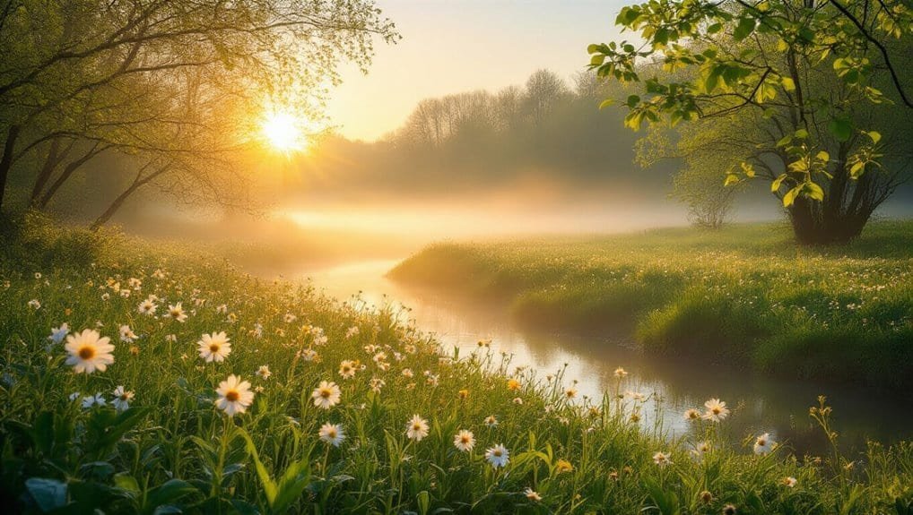 Sunrise over a peaceful river with blooming daisies and green trees, symbolizing serenity and faith, ideal for promoting Christian inspiration and spiritual growth through My Bible Song.