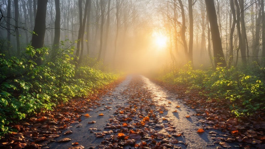 Sunlit forest path during sunrise with fallen autumn leaves, promoting peaceful reflection and spiritual inspiration for Christian Bible song listeners.