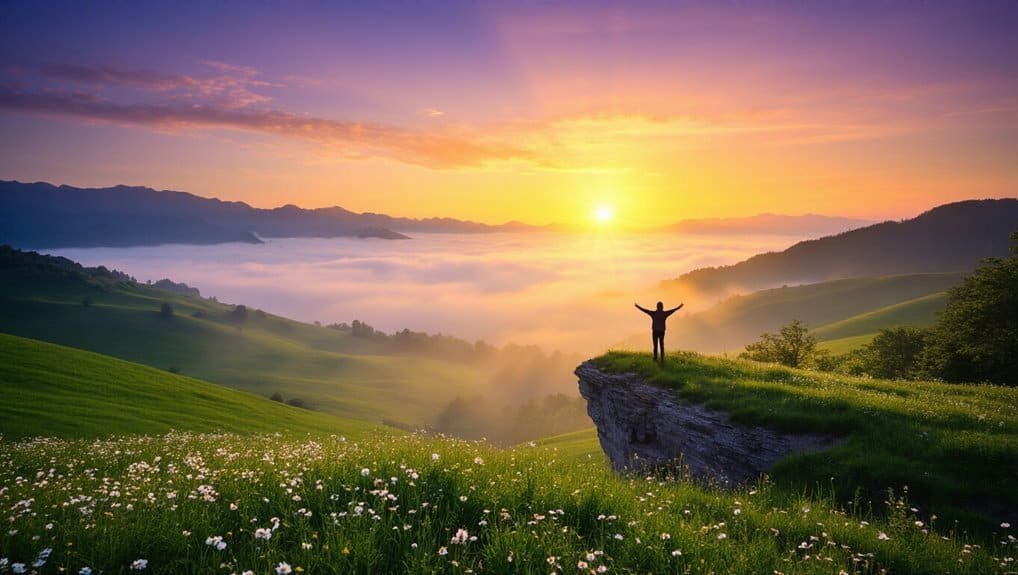 Peaceful sunrise over lush green hills with a person standing on a cliff edge, arms raised in praise, embodying faith and spirituality in nature, perfect for inspiring Christian song and worship content.