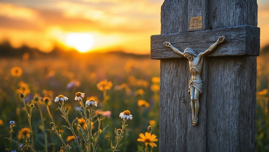 Jesus on the cross during sunset with a field of wildflowers, symbolizing faith and salvation.