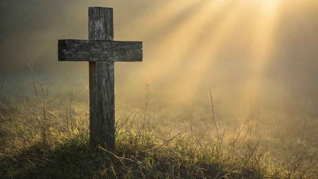 Weathered wooden cross on grassy field with morning sunlight, symbolizing faith and spirituality for Bible teachings and Christian music.