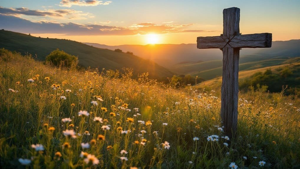 Sunset over a field with flowers and a wooden cross, inspiring faith and hope in nature and spirituality, perfect for Christian worship and prayer themes.
