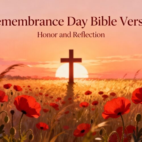 Vibrant image of a cross in a poppy field at sunset for Remembrance Day Bible verses, emphasizing faith, reflection, and honoring fallen heroes with Christian gratitude and prayer.