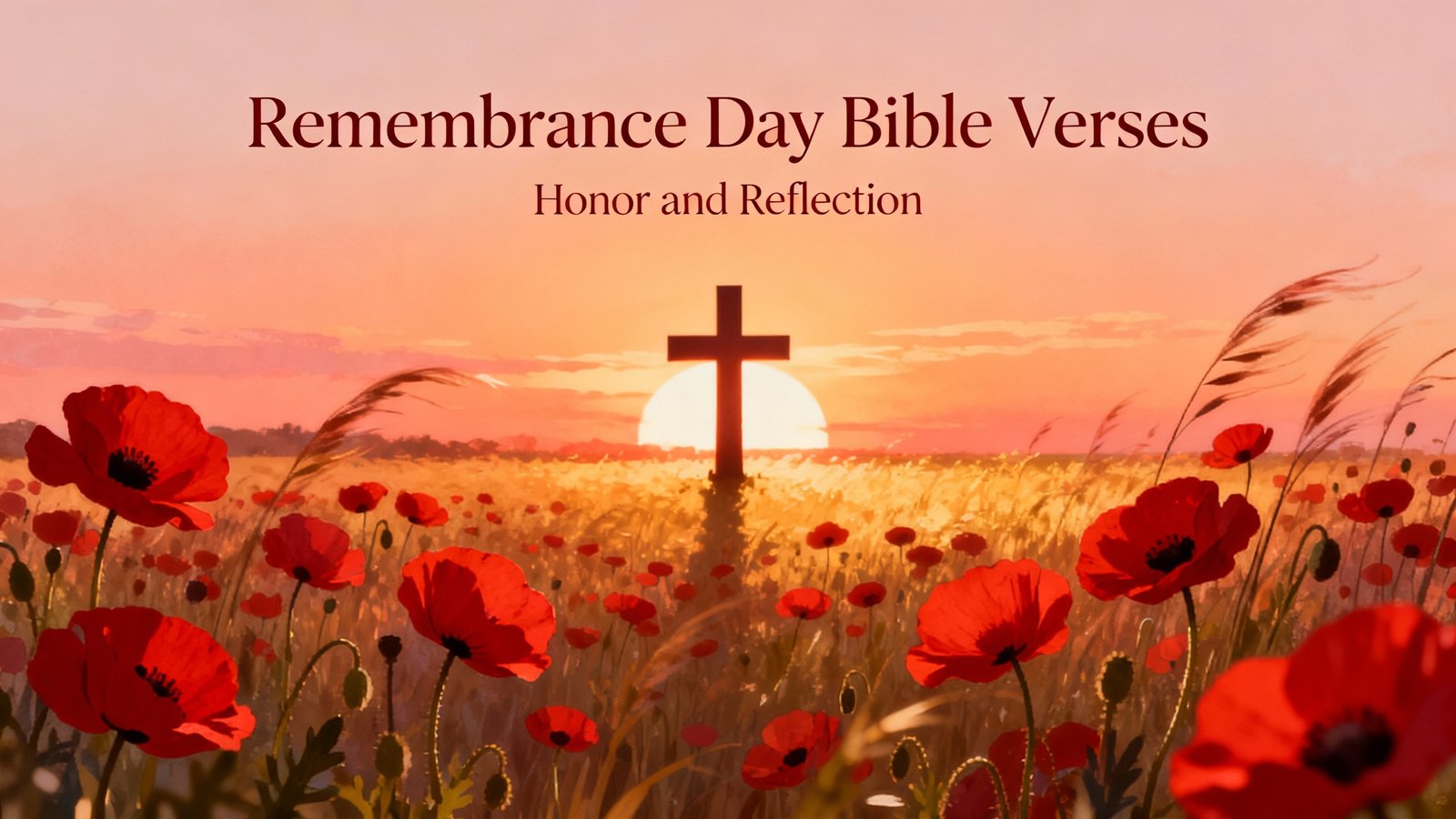 Vibrant image of a cross in a poppy field at sunset for Remembrance Day Bible verses, emphasizing faith, reflection, and honoring fallen heroes with Christian gratitude and prayer.