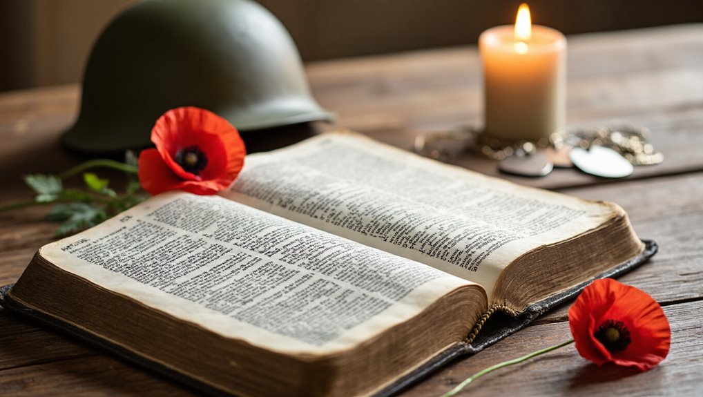 Bible open with poppies, a military helmet, candle, and prayer beads for faith, hope, and remembrance. Reflects spiritual reflection, Christian worship, and biblical inspiration. Perfect for religious devotion and prayer.