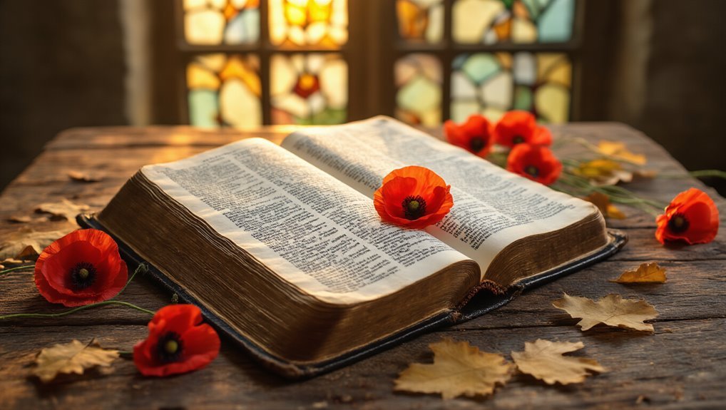Open Bible on rustic wooden table with vibrant red poppies and autumn leaves, illuminated by stained glass window, emphasizing faith, worship, and biblical inspiration.