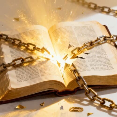 Chains wrapped around an open Bible with glowing light and sparks, symbolizing spiritual strength and divine power. Ideal for content about faith, Bible study, and God's word.