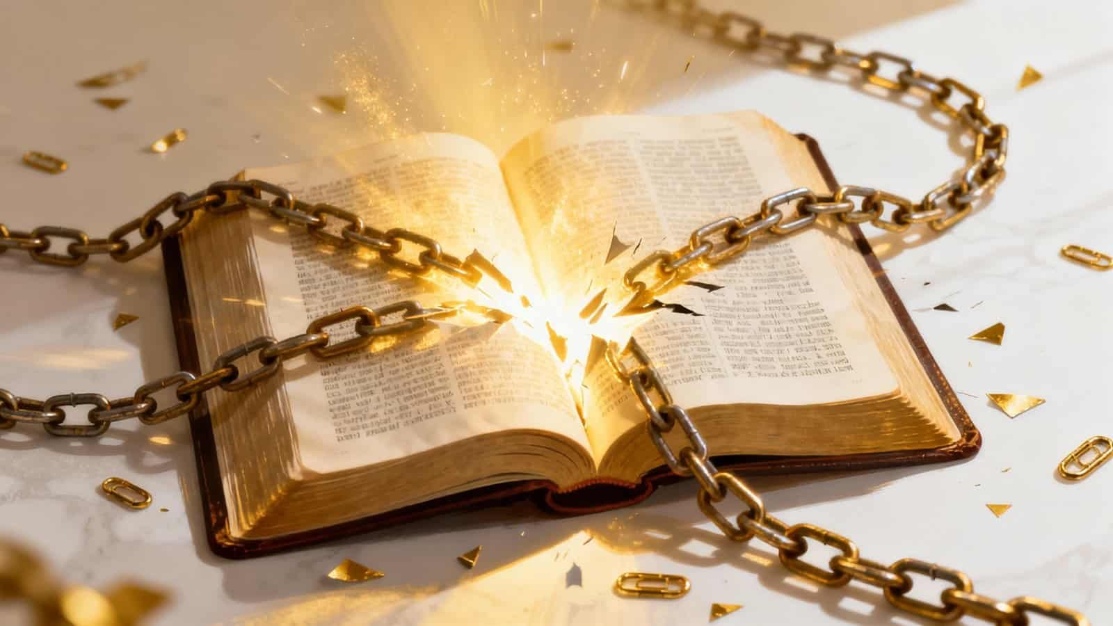 Chains wrapped around an open Bible with glowing light and sparks, symbolizing spiritual strength and divine power. Ideal for content about faith, Bible study, and God's word.