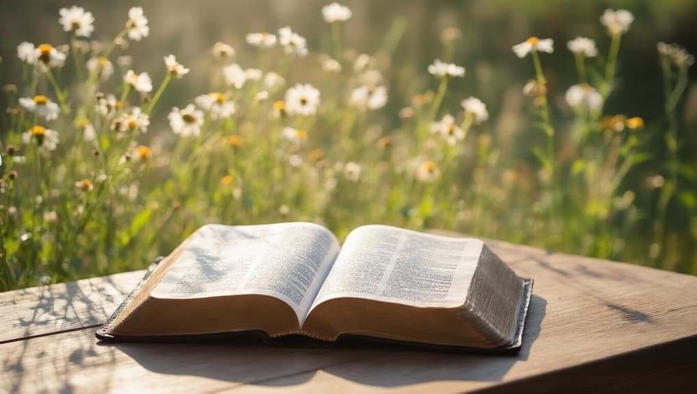 Open Bible on wooden table outdoors with wildflowers, emphasizing inspiring Christian music and scripture for prayer and worship.