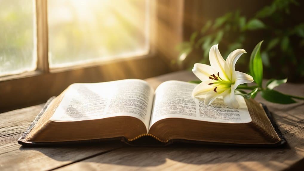 Open Bible with white lily flower on a wooden table, sunlight streaming through window, symbolizing faith, spirituality, and biblical inspiration.
