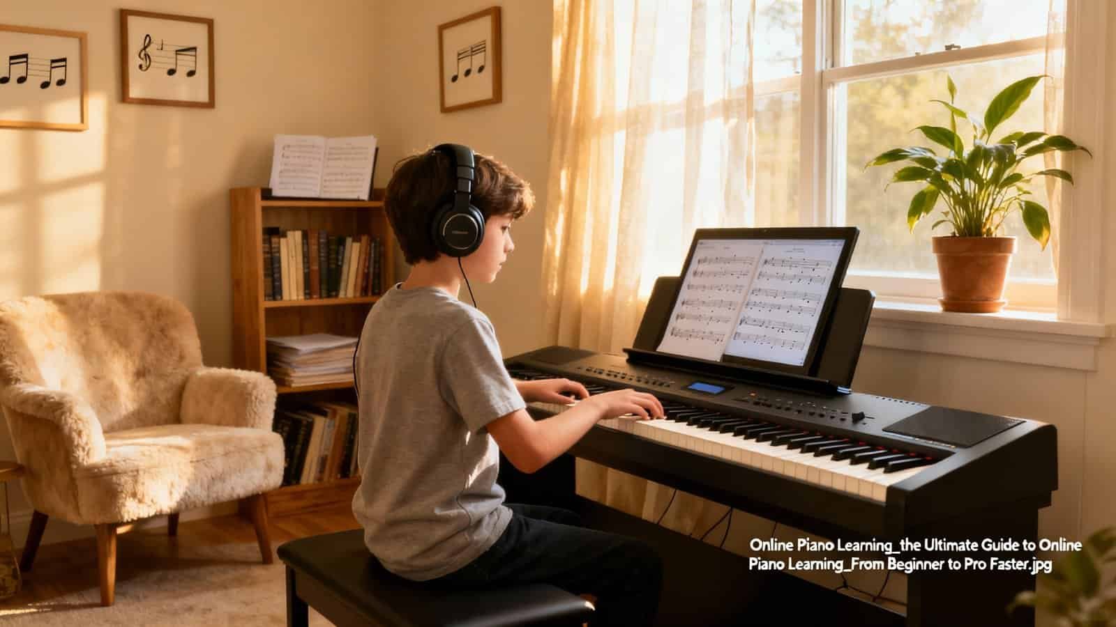 Young boy practicing piano with headphones, sheet music, and a learning app in a cozy, well-lit room, promoting online piano lessons and musical education for kids.