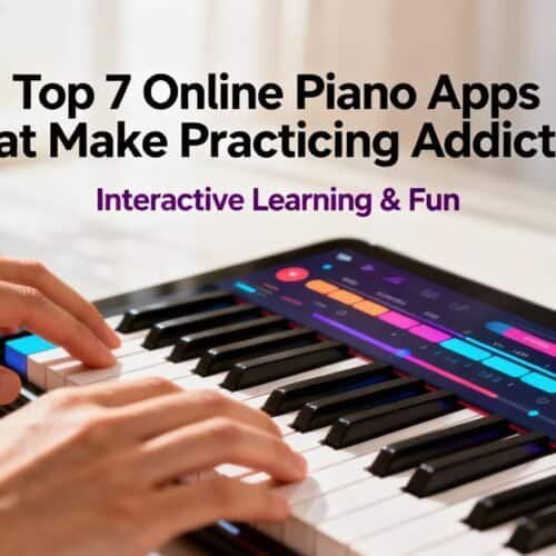 1. Digital tablet with piano app displaying colorful keys being played for online piano practice and learning.