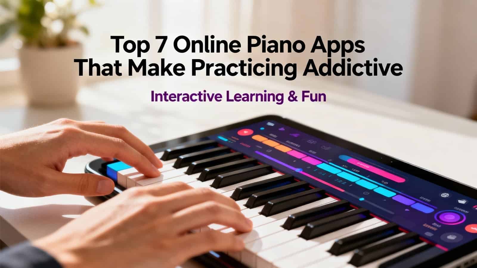 1. Digital tablet with piano app displaying colorful keys being played for online piano practice and learning.