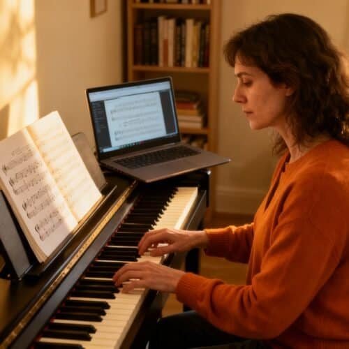 A woman playing piano with sheet music and a laptop in a cozy, sunlit room, focusing on worship music and Christian songs from My Bible Song website.