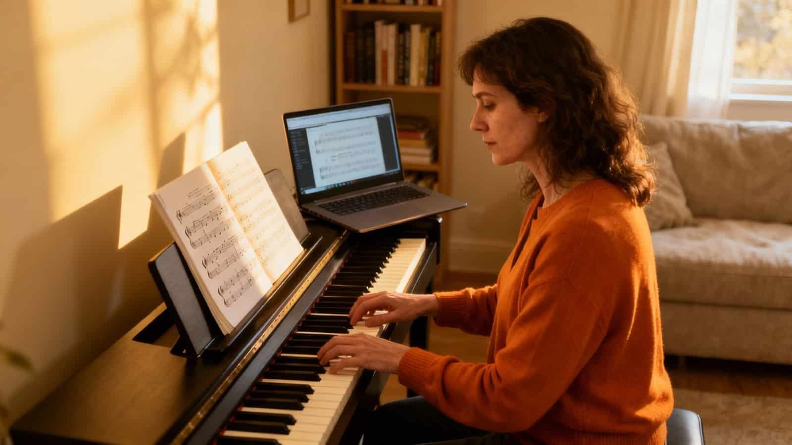 A woman playing piano with sheet music and a laptop in a cozy, sunlit room, focusing on worship music and Christian songs from My Bible Song website.